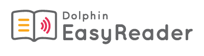 logo easyreader, un livre ouvert avec un icon représentant du son, texte en anglais : Dolphin EasyReader