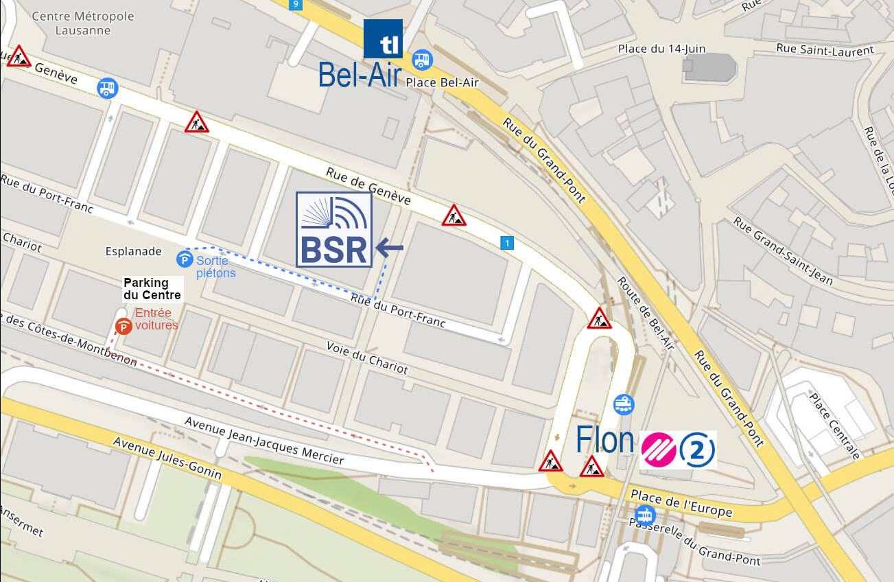 Carte du quartier du Flon avec la localisation de la BSR, ainsi que du parking, durant les travaux sur la route de Genève